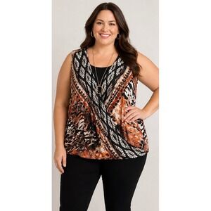 Avenue Women 18/20 Orange Mixed Animal Print Faux Wrap Sleeveless Surplice Top